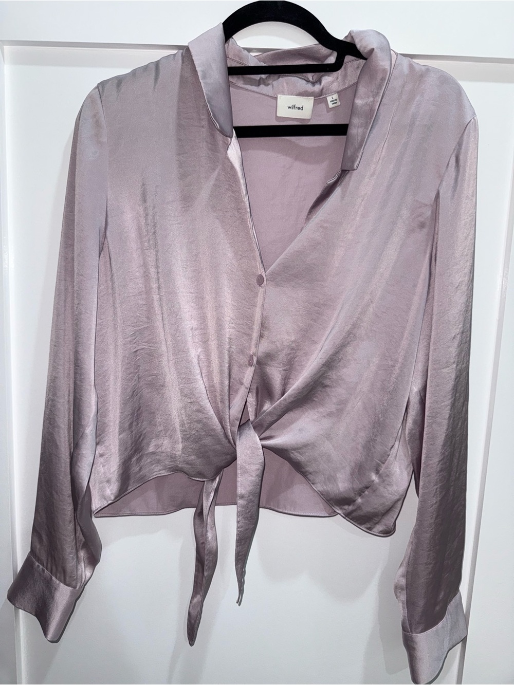 Aritzia Wilfred Lavender Satin Tie-Front Blouse